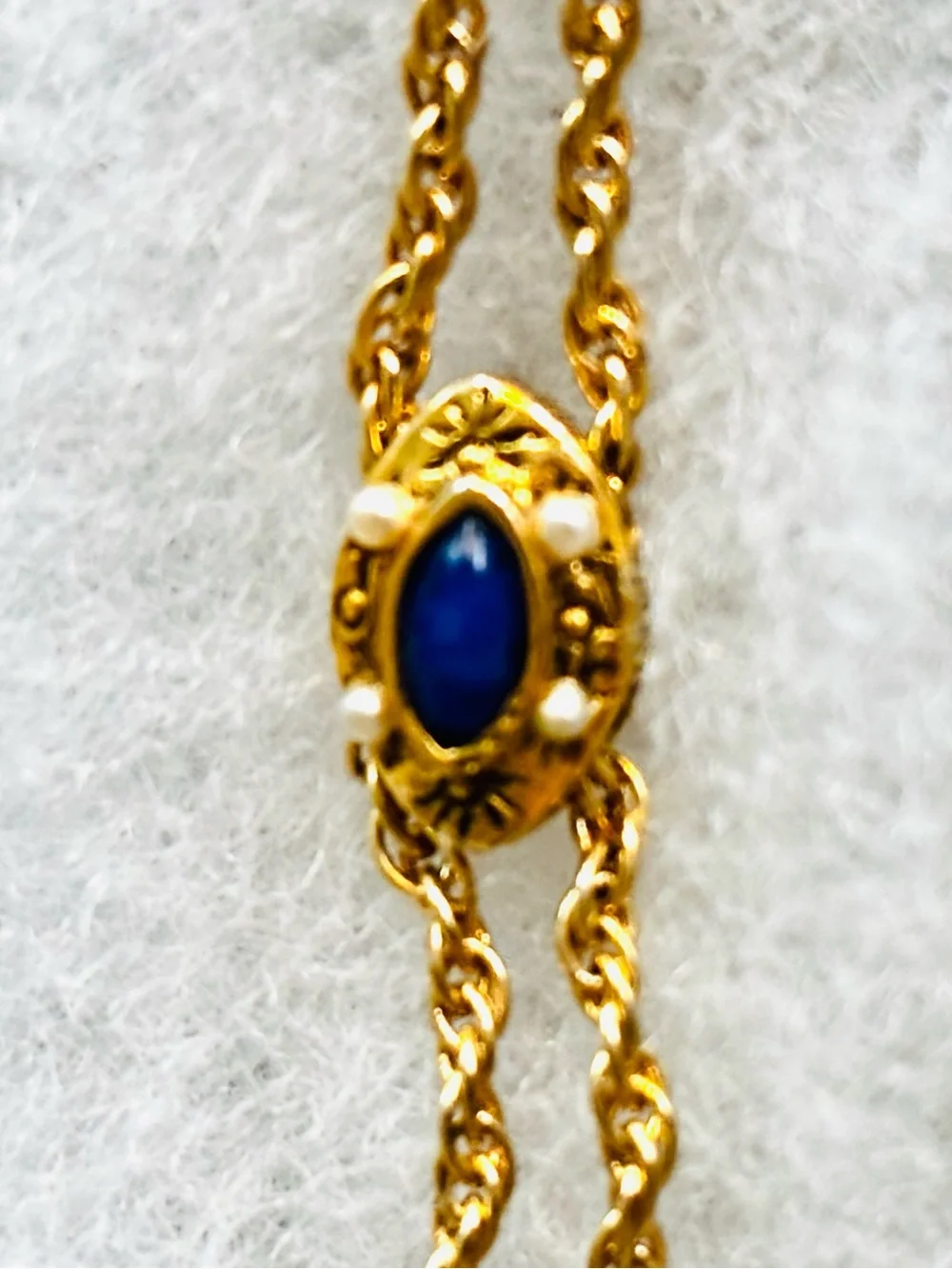 Vintage Gold Rope Style Chain Necklace with Natural Lapis and Pearl